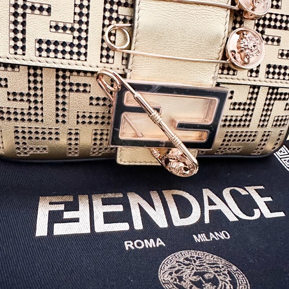 FENDI x VERSACE Fendace Logo Metallic Brooch Baguette NM Zucca Leather Mini Bag - Picture 6 of 15